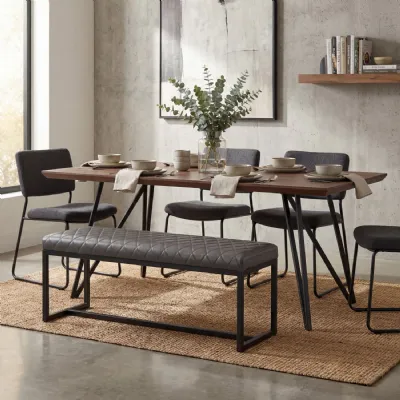 Grey Leather Effect Cross Stitch Dining Bench Black Framed