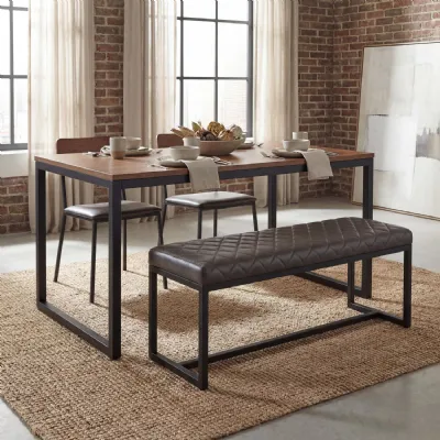 Brown Leather Effect Cross Stitch Dining Bench Black Framed