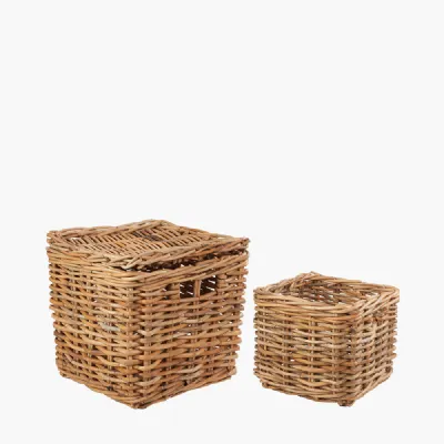 Tobs S 2 Chunky Natural Rattan Square Storage Baskets with Lid