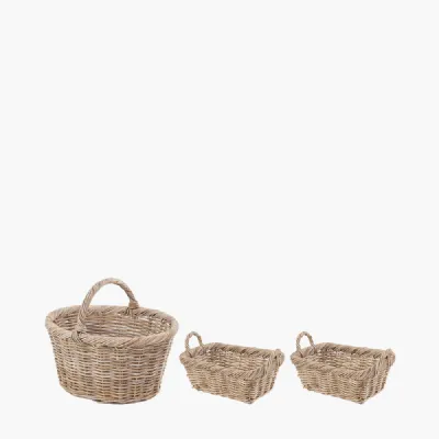 Tobs S 3 Grey Kubu Rattan Oval Shopping Basket with 2 Rectangular Storage Baskets