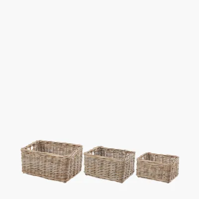Tobs S 3 Grey Kubu Rattan Rectangular Storage Baskets with Inset Handles