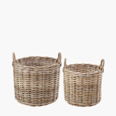 Tobs S 2 Grey Rattan Round Log Baskets
