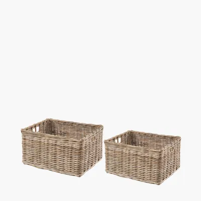 Tobs S 2 Grey Kubu Rattan Rectangular Storage Baskets with Inset Handles