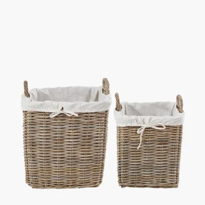 Tobs S 2 Grey Kubu Rattan Lined Square Log Baskets