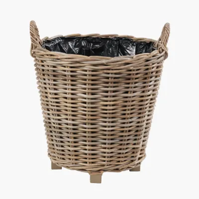 Tobs Indoor Outdoor Grey Kubu Rattan Round Basket Planter with Handles