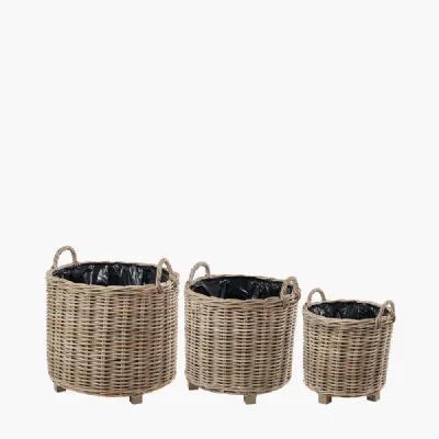 Tobs S 3 Indoor Outdoor Grey Kubu Rattan Round Basket Planters with Handles