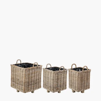 Tobs S 3 Indoor Outdoor Grey Kubu Rattan Square Basket Planters with Handles