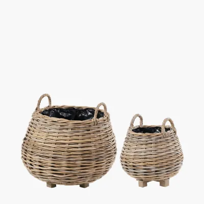 Tobs S 2 Indoor Outdoor Grey Kubu Rattan Bulbous Basket Planters