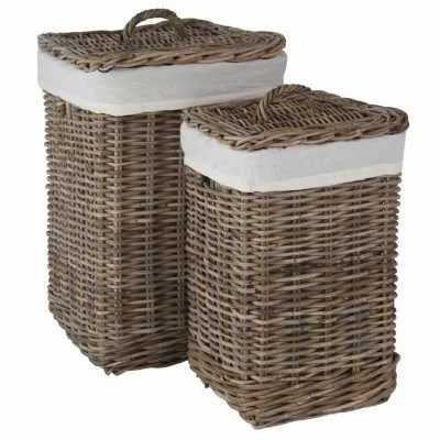 Grey Kubu Set of 2 Square Lined Linen and wooden straw Baskets With top handles 42x42x59 cm