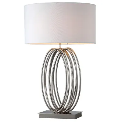 Nickel Metal Oval Looped Table Lamp White Fabric Shade