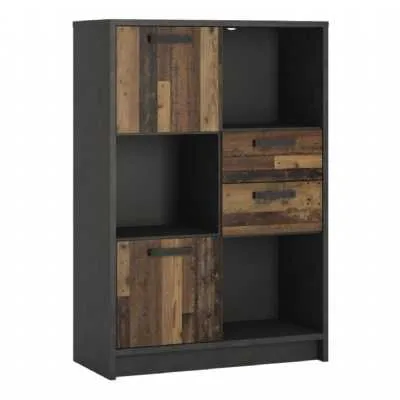Industrial Brooklyn Dark Matera Grey and Walnut 2 Door 2 Drawer Low Bookcase