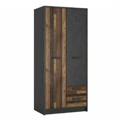 Industrial Brooklyn Dark Matera Grey and Walnut 2 Drawer 2 Door Wardrobe