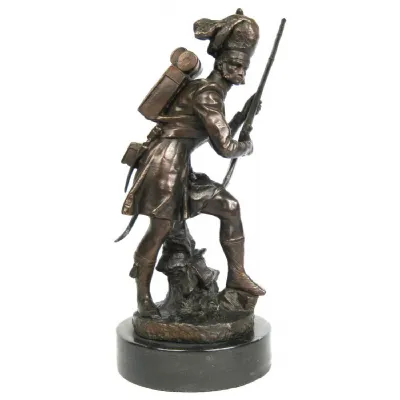 Foundry Cast Bronze Soldier Sculpture On Marble Base 42cm