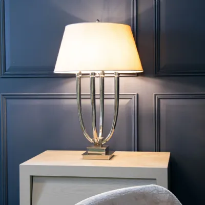 Nickel Metal Triple Support Table Lamp Taupe Fabric Shade
