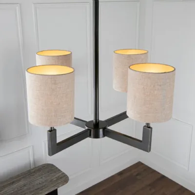 Dark Bronze Metal Chandelier with 4 Arm Linen Fabric Shade