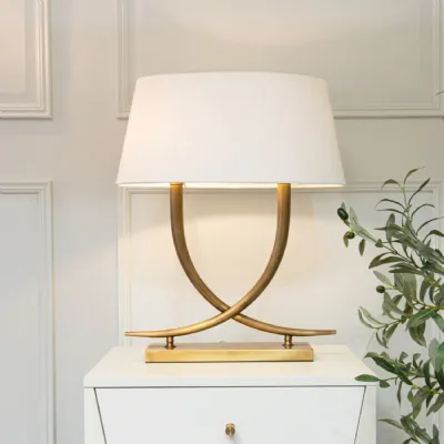 Brass Metal Horn Style Table Lamp with Cream Fabric Shade