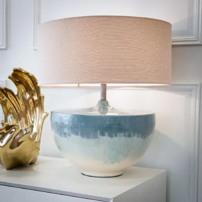 Blue Gloss Enamel Large Table Lamp with Beige Shade