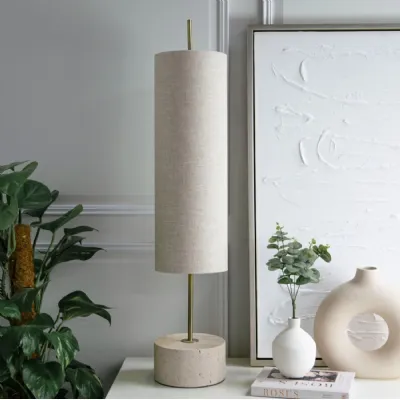 Brass Metal and Natural Linen Table Lamp with Stone Base