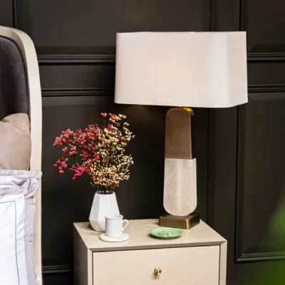 Brass Metal and Alabaster Table Lamp Cream Fabric Shade