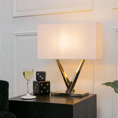 Nickel Metal V Shaped Table Lamp with Off White Shade