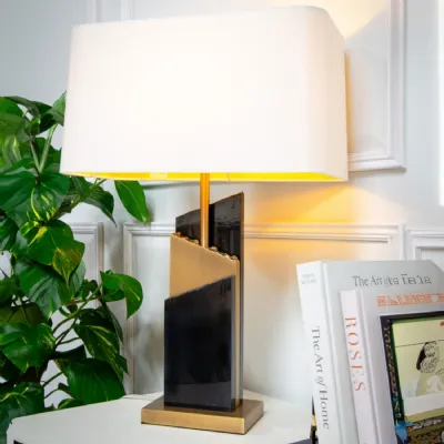 Brass Marble Layered Design Table Lamp with Cream Shade