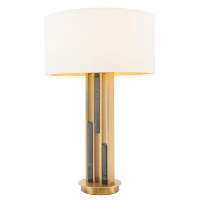Brass Metal and Black Marble Table Lamp Cream Fabric Shade