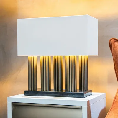 Antique Brass Columns Table Lamp with Opal Shade