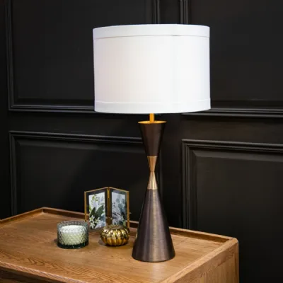 Dark Brass Geometric Based Table Lamp with Taupe Shade