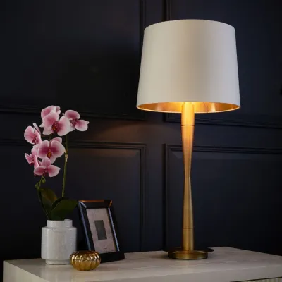 Brass Metal Table Lamp with Opal Fabric Shade