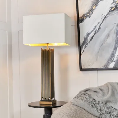 Brass Metal and Black Marble Table Lamp with Opal Shade