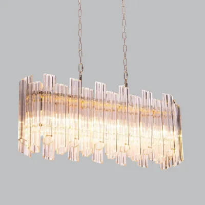 Clear Glass 6 Lights Long Chandelier with Nickel Accent