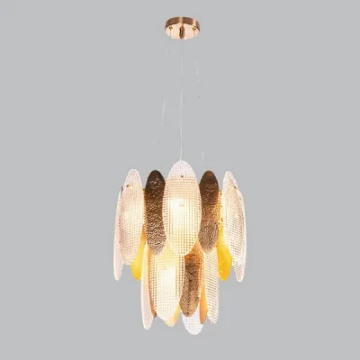 Brass Metal Chandelier with Textured Glass Panels