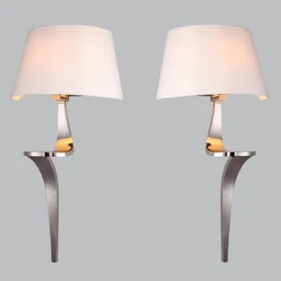 Pair of Nickel Metal Wall Lamps White Fabric Shades