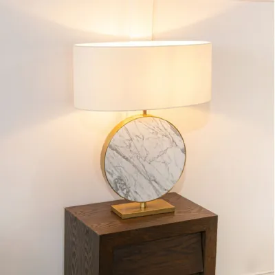 Brass Metal and Marble Round Base Table Lamp with Opal Shade