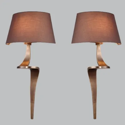 Pair of Antique Brass Wall Lamps Brown Fabric Shades