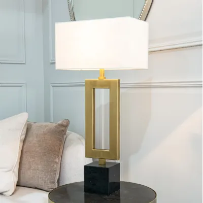 Brass Metal and Black Marble Table Lamp with Off White Shade