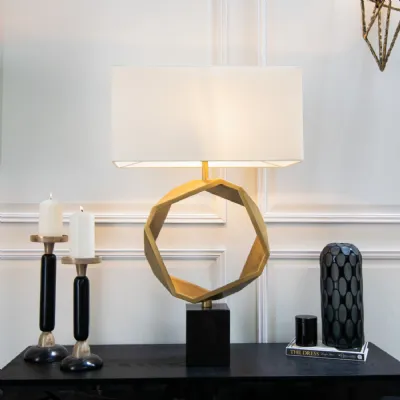 Marble and Brass Geometric Table Lamp with White Shade