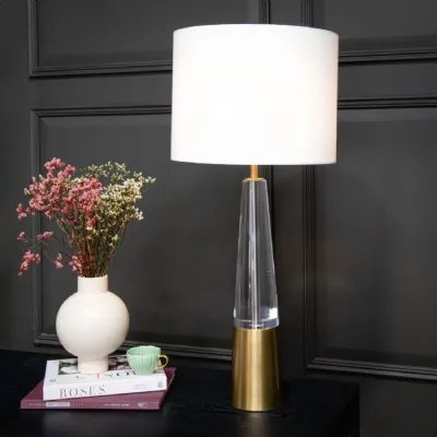 Brass Metal and Crystal Table Lamp with Off White Shade