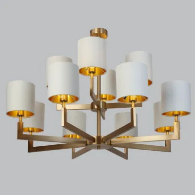 Brass Metal and Opal Fabric 12 Arm Chandelier