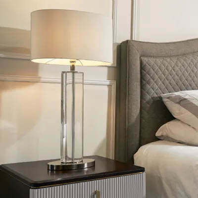 Nickel and Crystal Table Lamp with Oval Shade