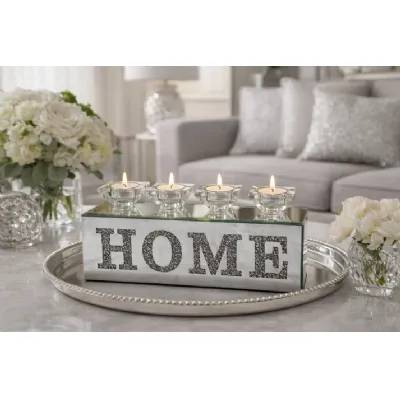 Silver Mirrored HOME 4 Tealight Candle Holder with Crystal Lettering