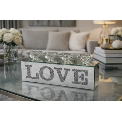 Silver Mirrored LOVE 4 Tealight Candle Holder with Crystal Lettering