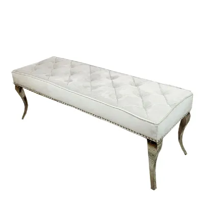 Luxury Light Grey Velvet Quilted Button Detail Dining Bench with Chrome Curved Legs