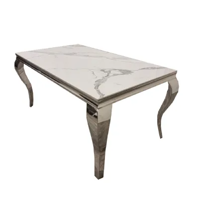 Modern White Marble Top Rectangular 6 Seater Dining Table with Chrome Curved Legs