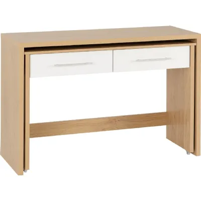 Seville 2 Drawer Slider Desk White High Gloss Light Oak Effect Veneer