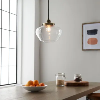 Antique Brass School House Pendant Light with Clear Glass