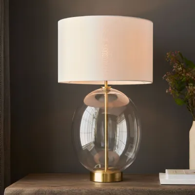Clear Satin Brass Oval Table Lamp Vintage White Shade