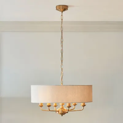 6 LED Pendant Light Vintage Brass with Linen Fabric Shade