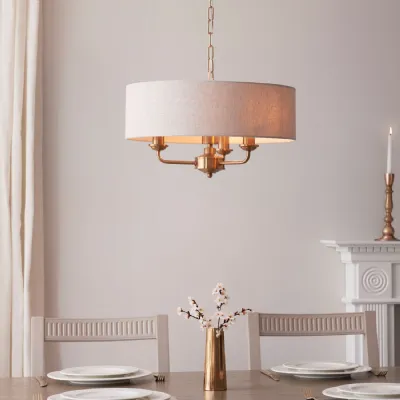 3 Pendant Light Natural Linen Shade Vintage Brass Finish