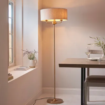 Vintage Brass Steel 3 Light Floor Lamp Linen Fabric Shade